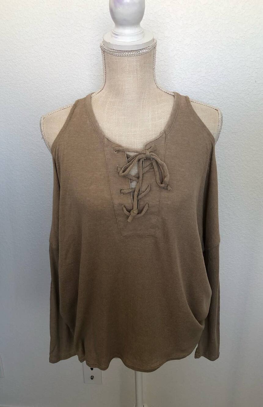 Chaser Beige Vintage Collection Lace Up Cold Shoulder Dolman Top - M